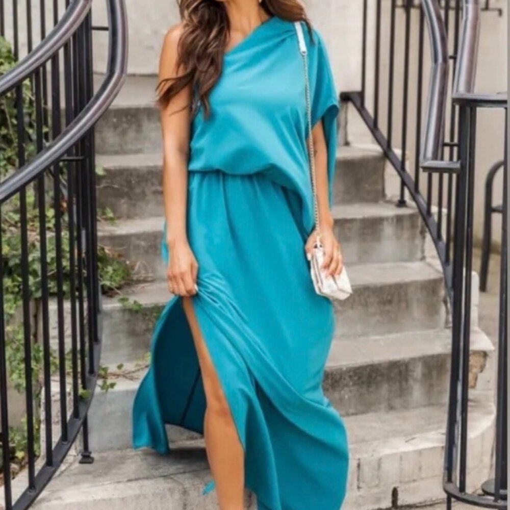 Pink Lily One Shoulder Dress Maxi Size XS Teal Bridesmaid Formal Wedding Guest